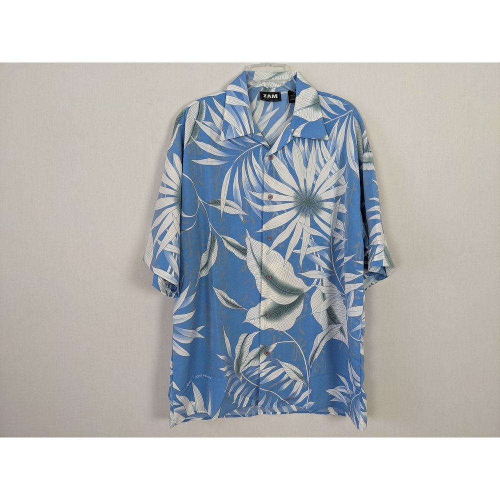 ZAM Collection short sleeved blue Hawaiian Aloha button front polyester shirt XL